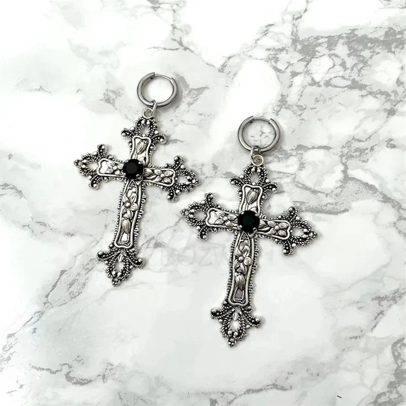 Gothic Silver Cross Earrings – Large Punk Statement Jewelry for Women