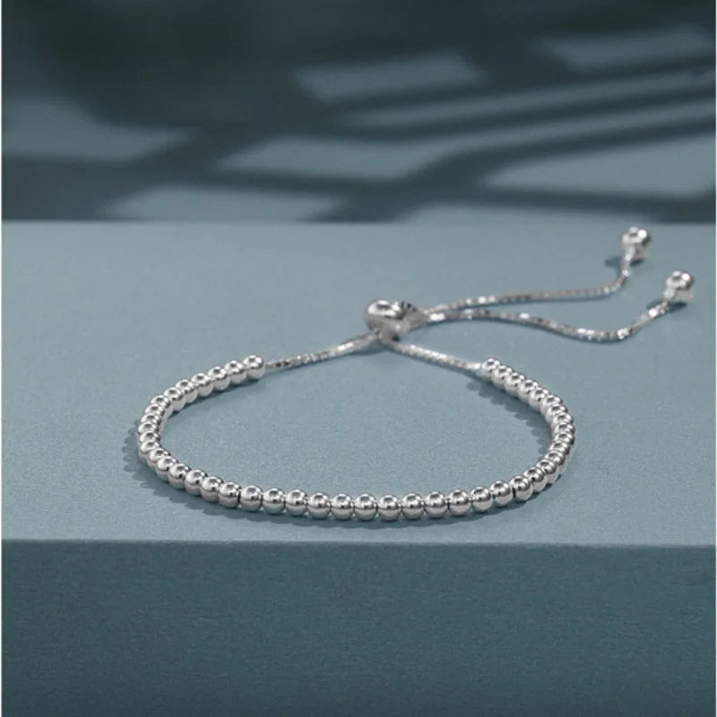 925 Silver Adjustable Bracelet – Simple Beaded Design for Women