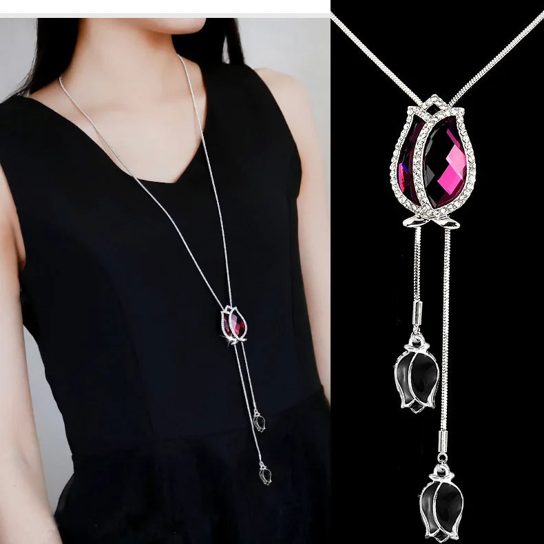 Geometric Crystal Statement Necklace – Long Pendant for Women