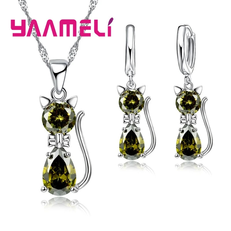Women’s Crystal Cat Jewelry Set | Sterling Silver Necklace & Earrings