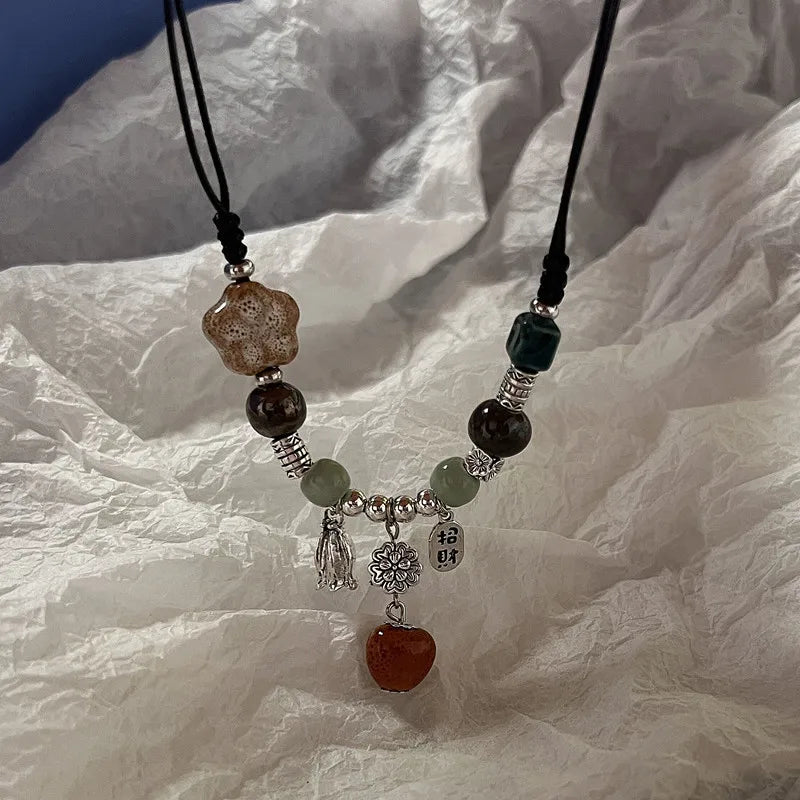 Vintage Ethnic Ceramic Necklace – Long Handmade Rope Jewelry