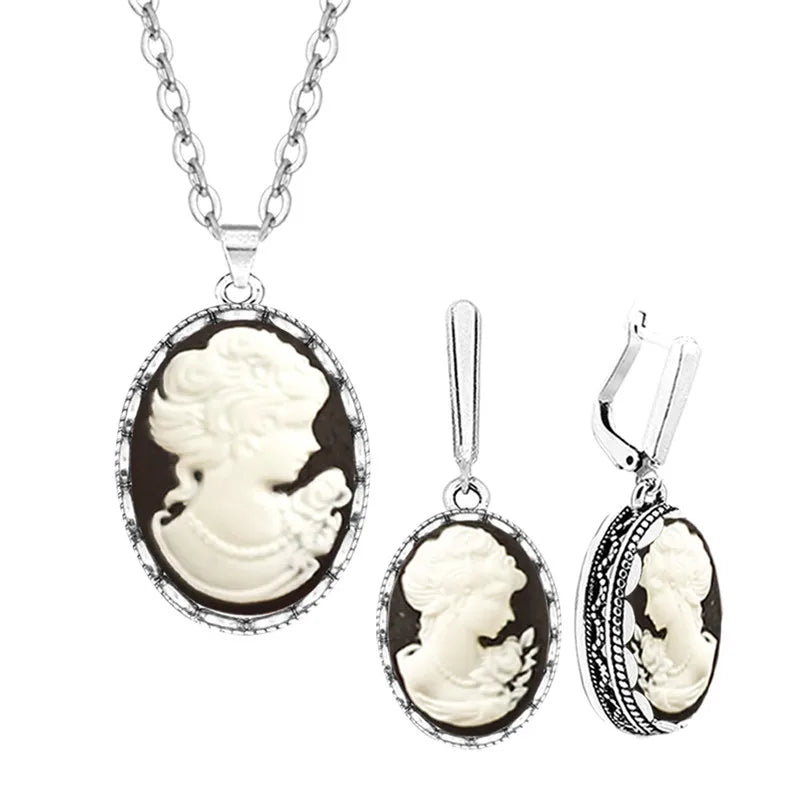 Lady Queen Cameo Jewelry Set | Vintage Necklace & Earrings for Women