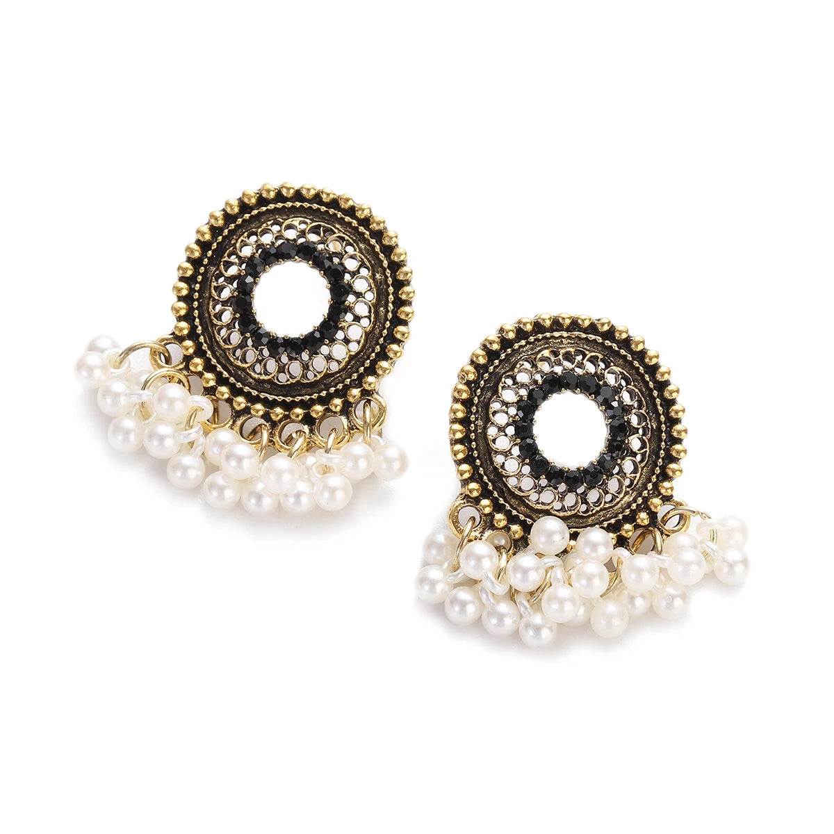 Red CZ Jhumka Earrings – Ethnic Beaded Tassel Jewelry for Women