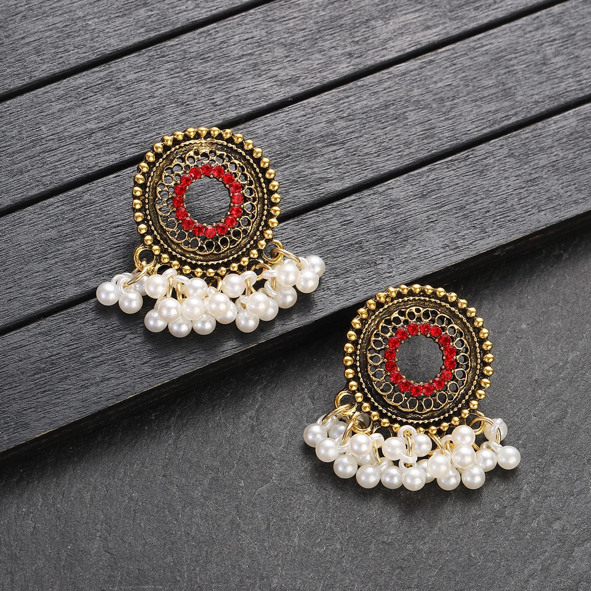 Red CZ Jhumka Earrings – Ethnic Beaded Tassel Jewelry for Women