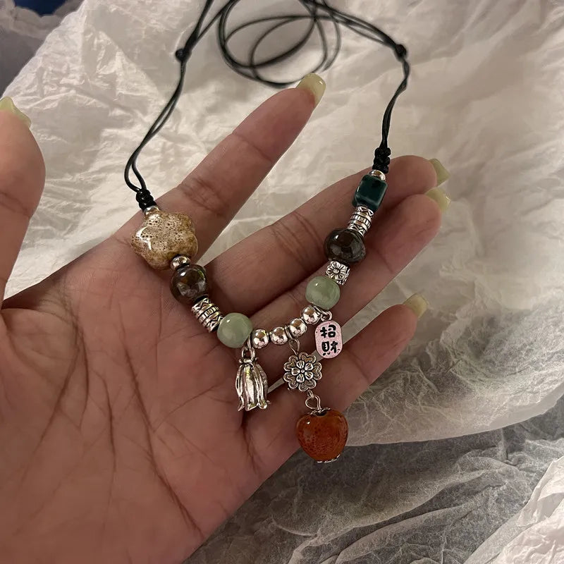 Vintage Ethnic Ceramic Necklace – Long Handmade Rope Jewelry