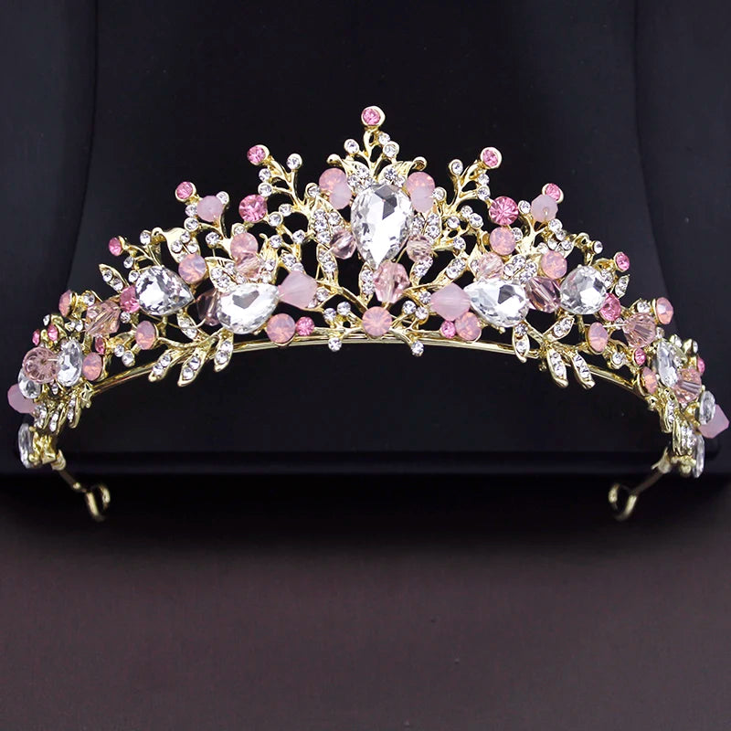 Pink Crown Bride Jewelry Sets Princess Wedding Tiaras Flower Choker Necklace Set Bridal Earring Costume Jewelry Sets Accessories