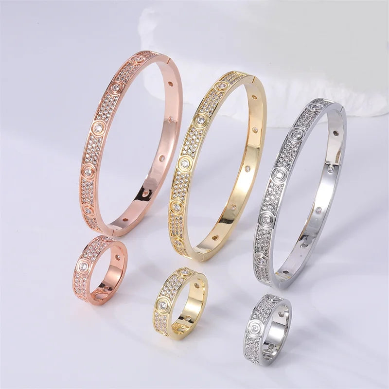 18K Gold Plated Bracelet Ring – 3-Row Zircon Encrusted Bangle