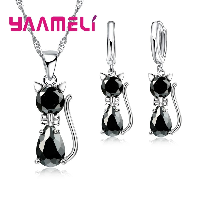 Women’s Crystal Cat Jewelry Set | Sterling Silver Necklace & Earrings