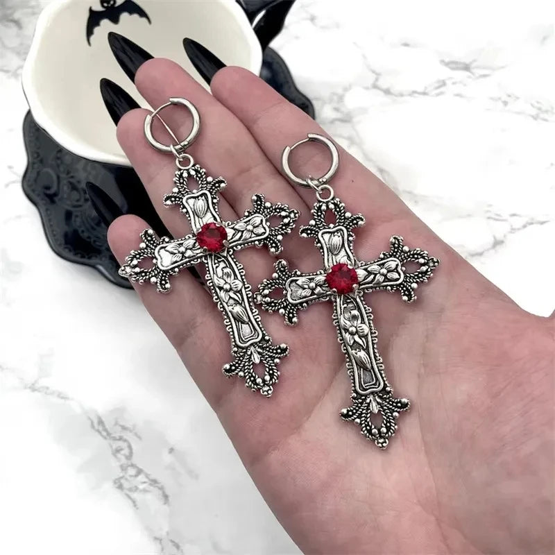 Gothic Silver Cross Earrings – Large Punk Statement Jewelry for Women