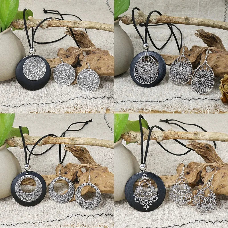 Vintage Bohemian Jewelry Set – Silver Alloy Necklace & Earrings