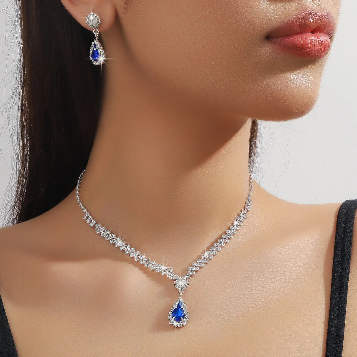 Classic Waterdrop Bridal Jewelry Set | Blue Crystal Necklace & Earring
