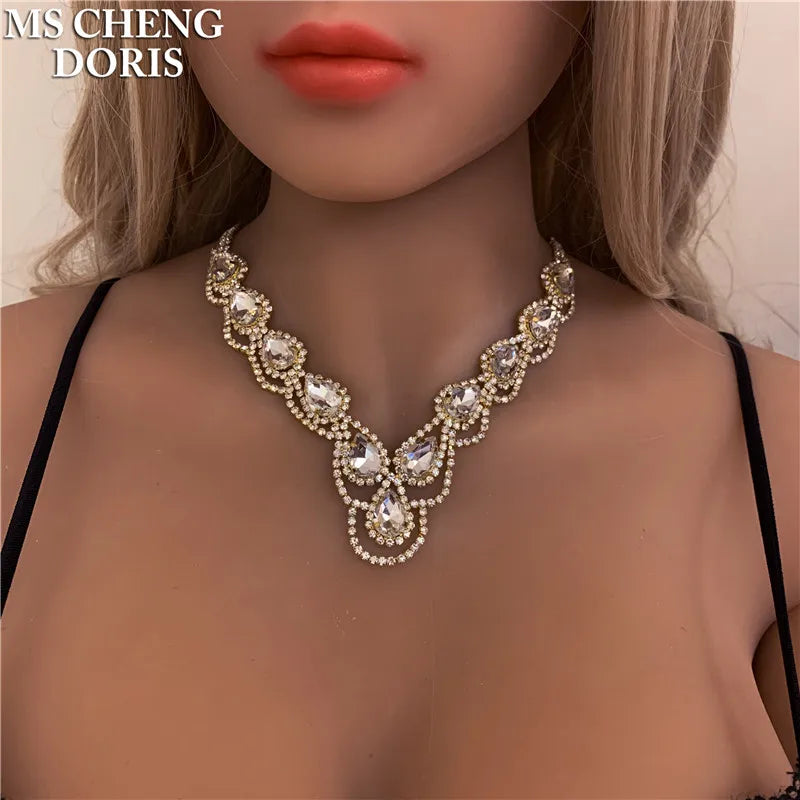 Blue Rhinestone Choker Jewelry Set – Luxury Bridal Necklace & Earrings