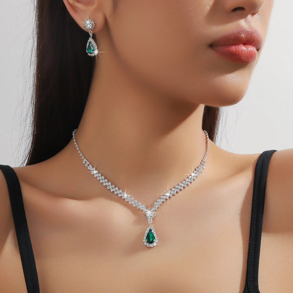 Classic Waterdrop Bridal Jewelry Set | Blue Crystal Necklace & Earring