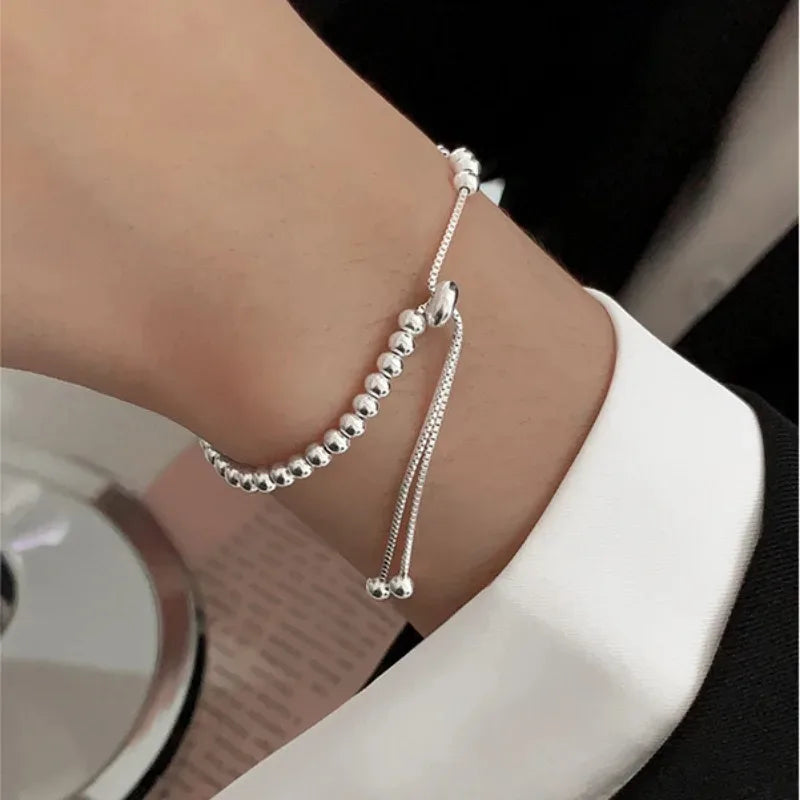 925 Silver Adjustable Bracelet – Simple Beaded Design for Women