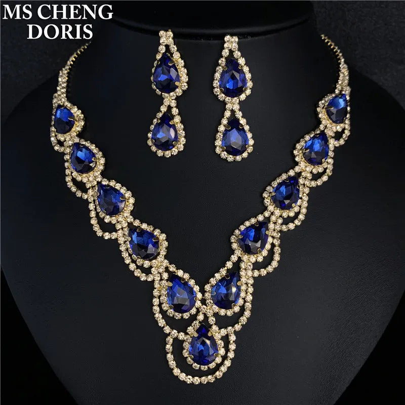 Blue Rhinestone Choker Jewelry Set – Luxury Bridal Necklace & Earrings