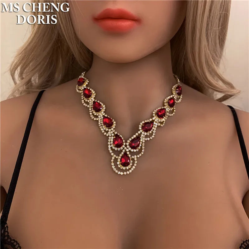 Blue Rhinestone Choker Jewelry Set – Luxury Bridal Necklace & Earrings