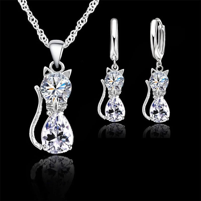 Women’s Crystal Cat Jewelry Set | Sterling Silver Necklace & Earrings
