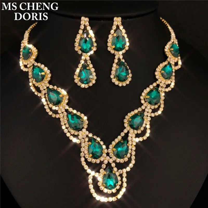 Blue Rhinestone Choker Jewelry Set – Luxury Bridal Necklace & Earrings