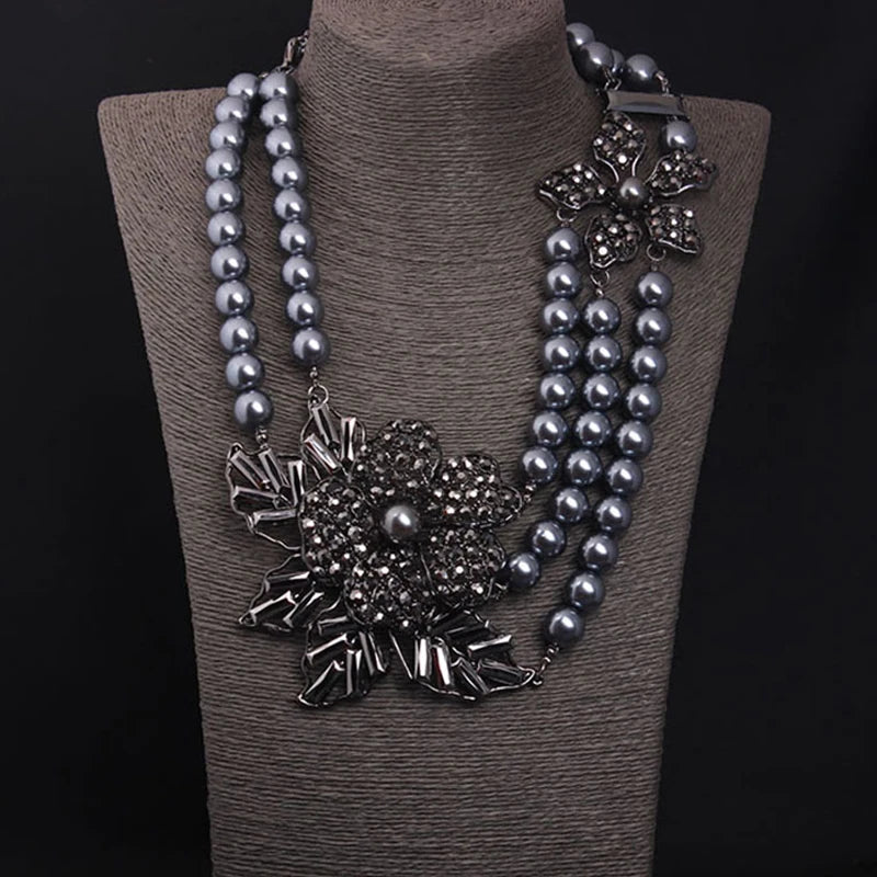 Multi-Strand Pearl Bead Necklace – Black Flower Statement Choker