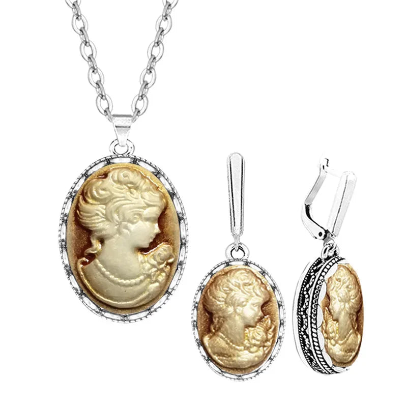 Lady Queen Cameo Jewelry Set | Vintage Necklace & Earrings for Women