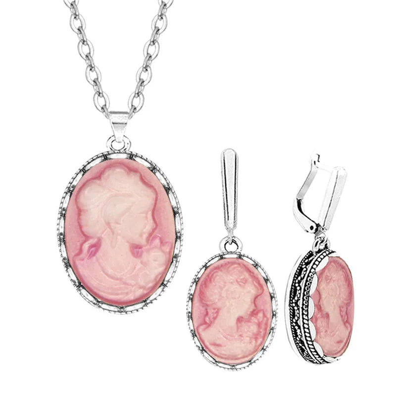 Lady Queen Cameo Jewelry Set | Vintage Necklace & Earrings for Women
