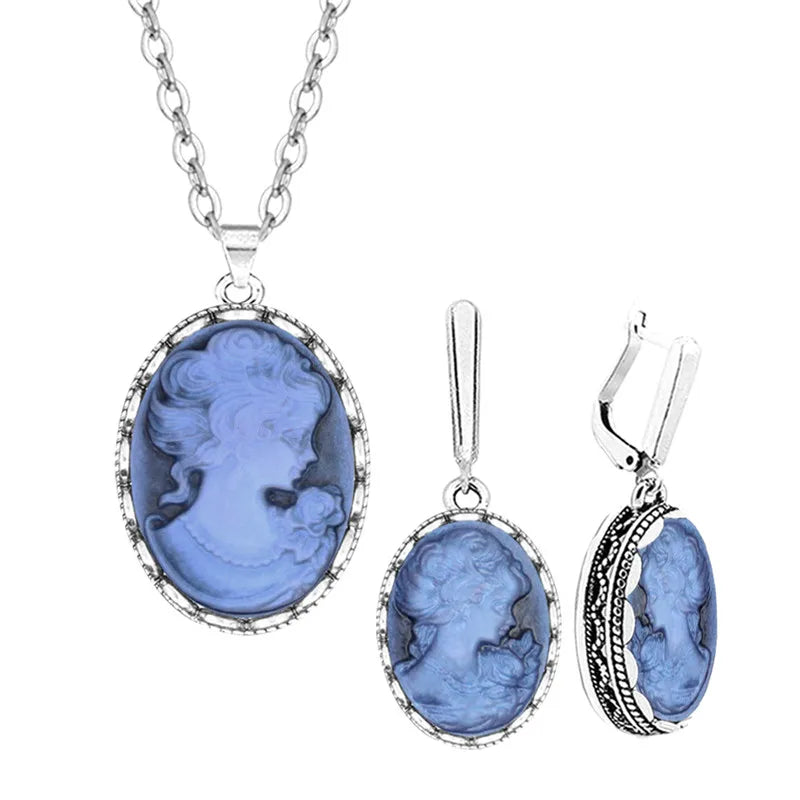 Lady Queen Cameo Jewelry Set | Vintage Necklace & Earrings for Women