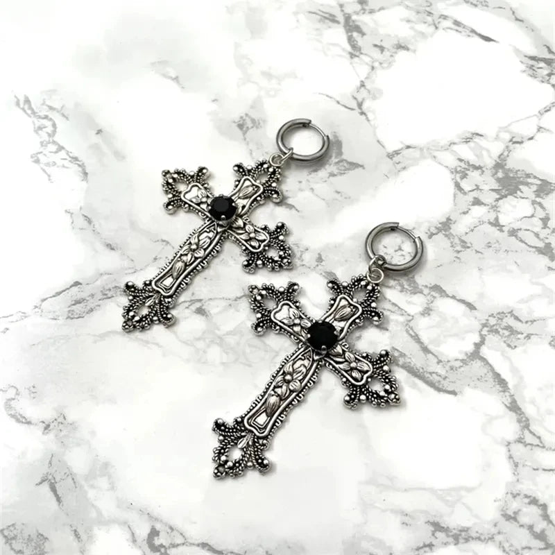 Gothic Silver Cross Earrings – Large Punk Statement Jewelry for Women