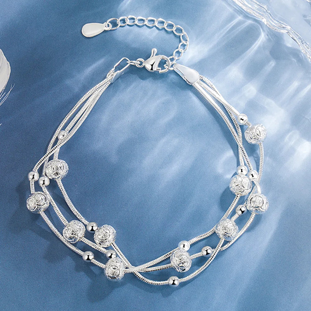 925 Silver Adjustable Bracelet – Simple Beaded Design for Women