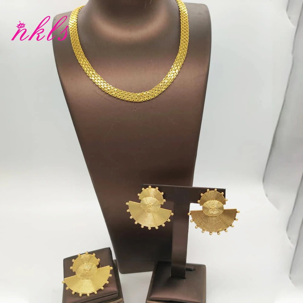 Classic African Jewelry Set – Gold Tone Chain, Earrings & Ring for Special Occasions