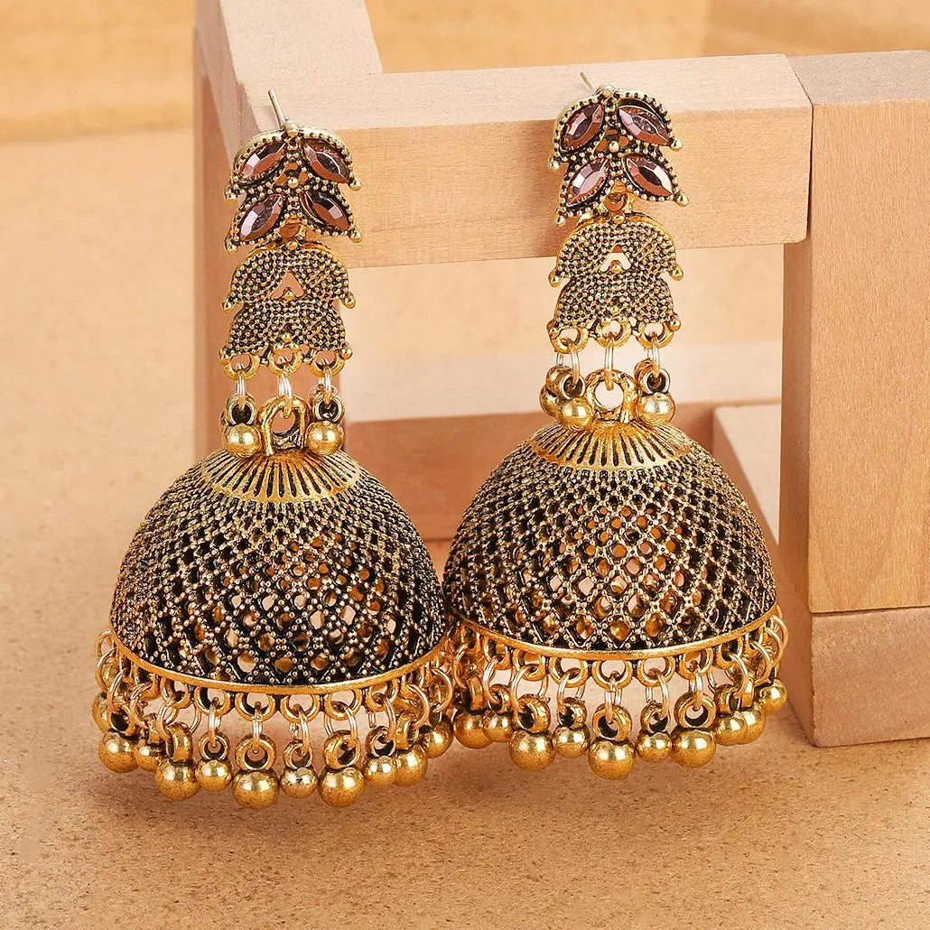 Vintage Ethnic Earrings – Carved Gold Bell Dangles for Women
