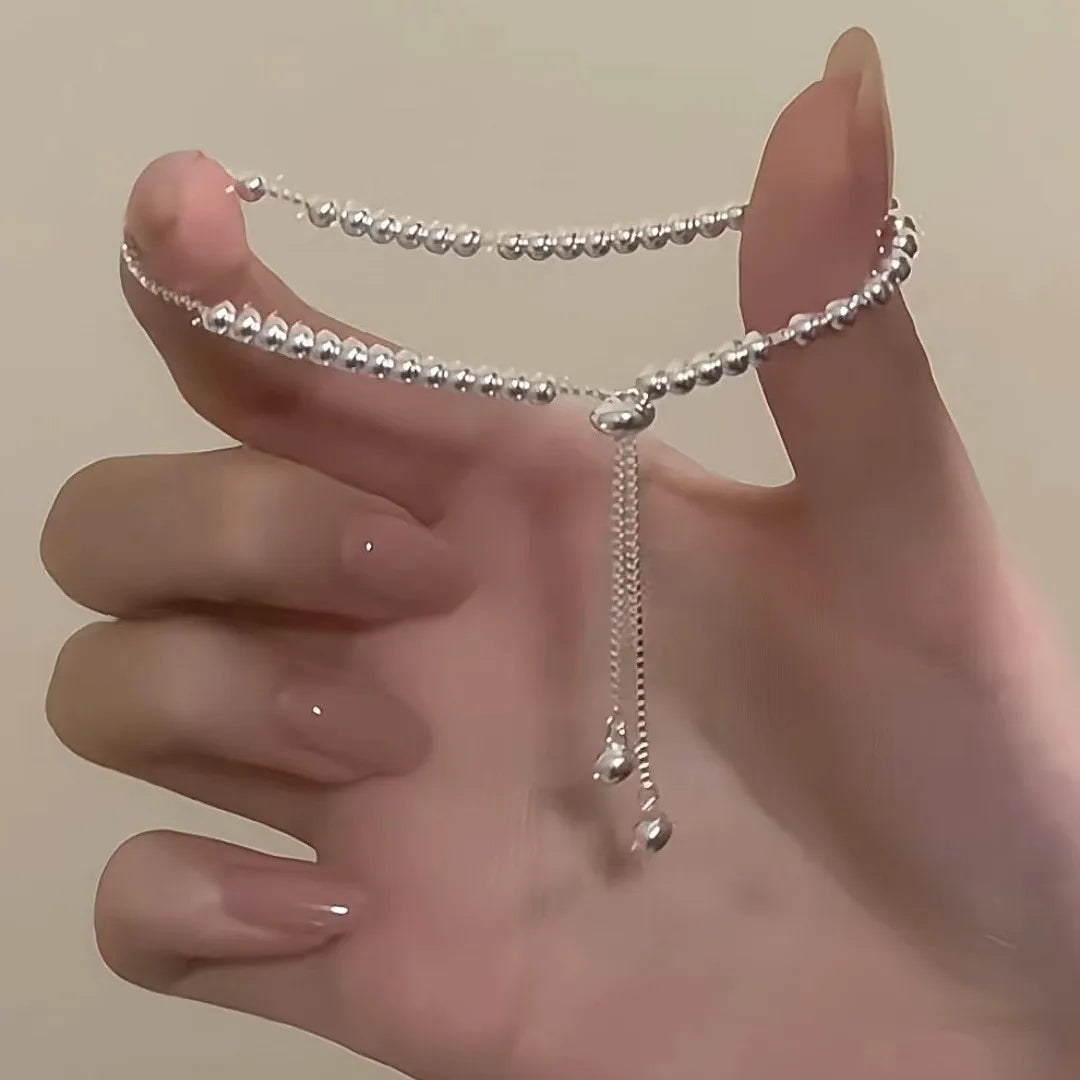 925 Silver Adjustable Bracelet – Simple Beaded Design for Women