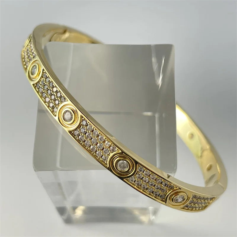 18K Gold Plated Bracelet Ring – 3-Row Zircon Encrusted Bangle