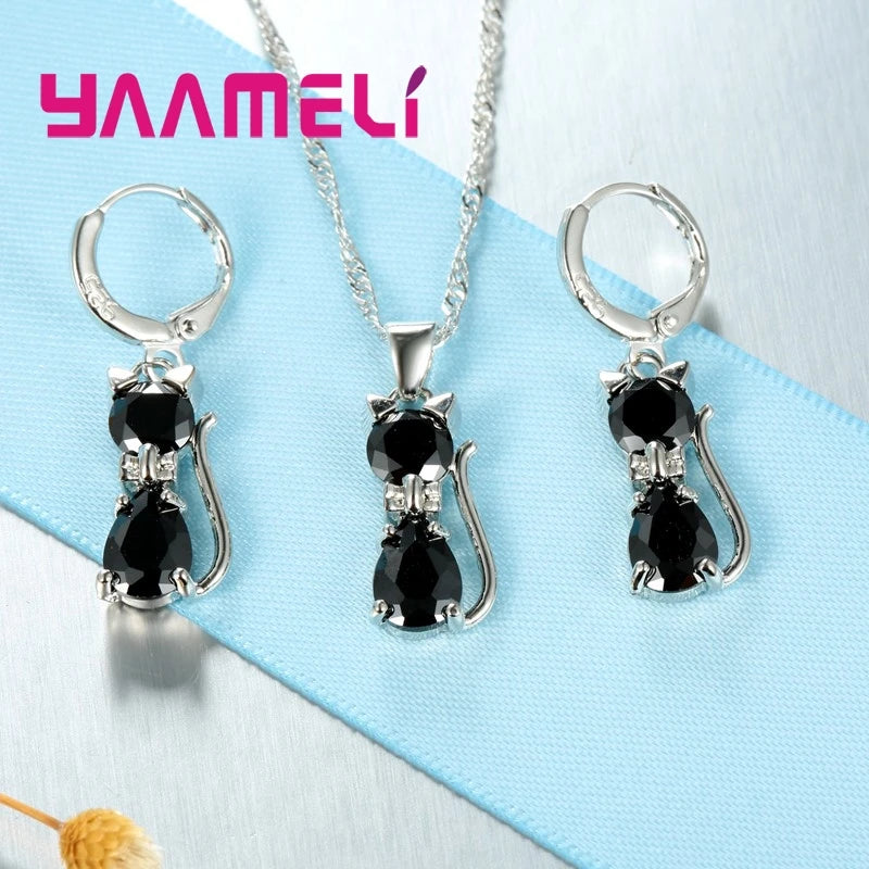Women’s Crystal Cat Jewelry Set | Sterling Silver Necklace & Earrings