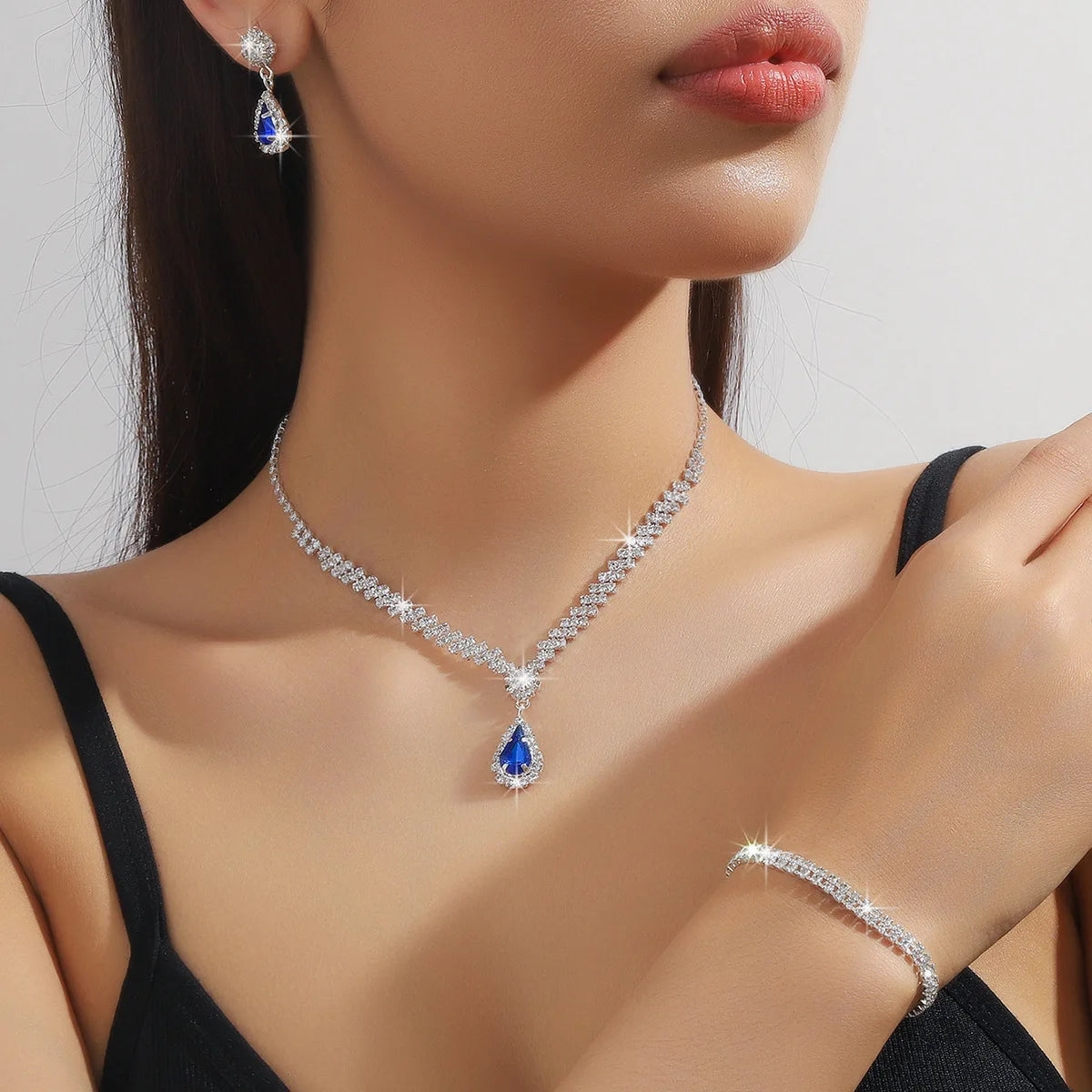 Classic Waterdrop Bridal Jewelry Set | Blue Crystal Necklace & Earring