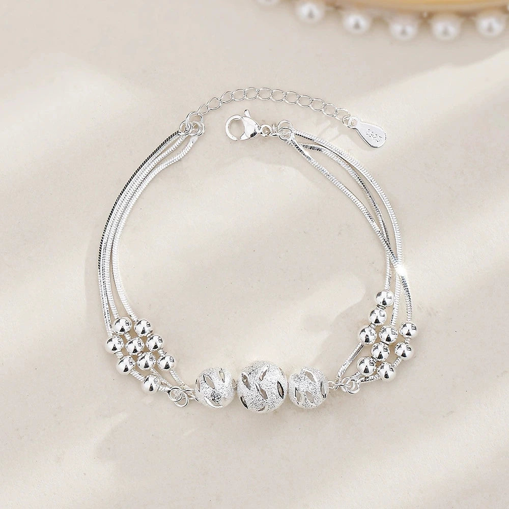 925 Silver Adjustable Bracelet – Simple Beaded Design for Women