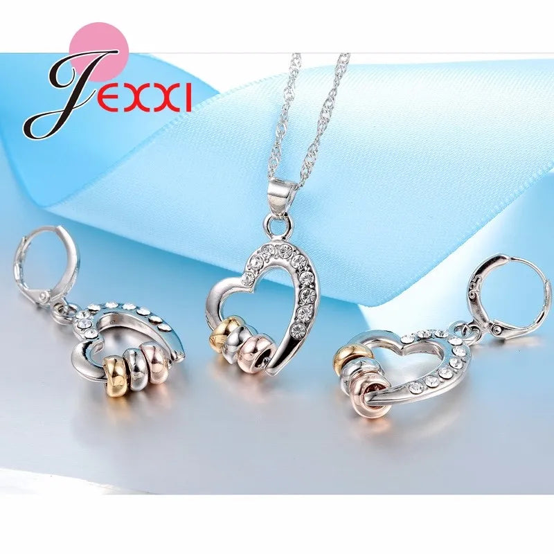 Crystal Heart Jewelry Set – CZ Rhinestone Necklace & Earrings for Women