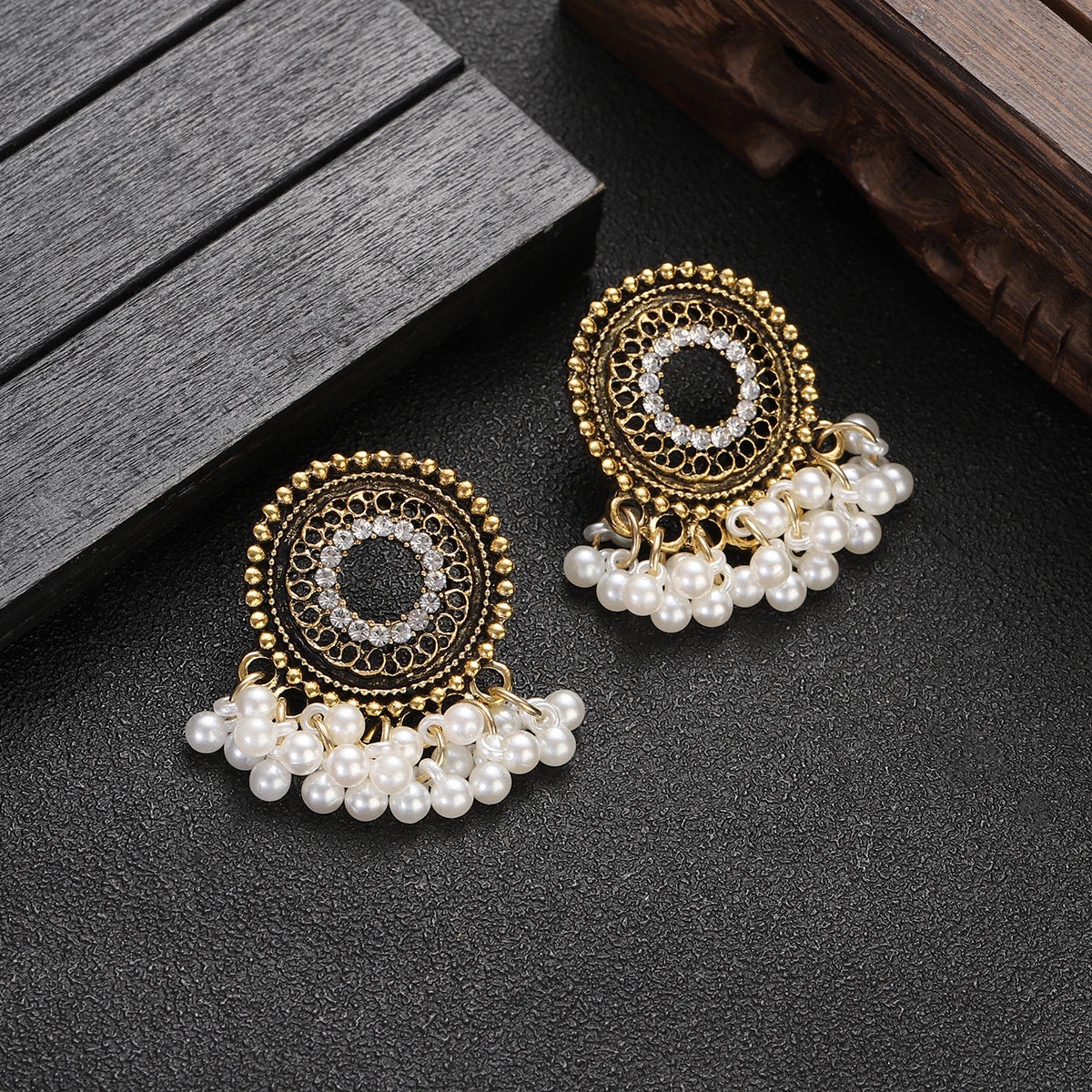 Red CZ Jhumka Earrings – Ethnic Beaded Tassel Jewelry for Women