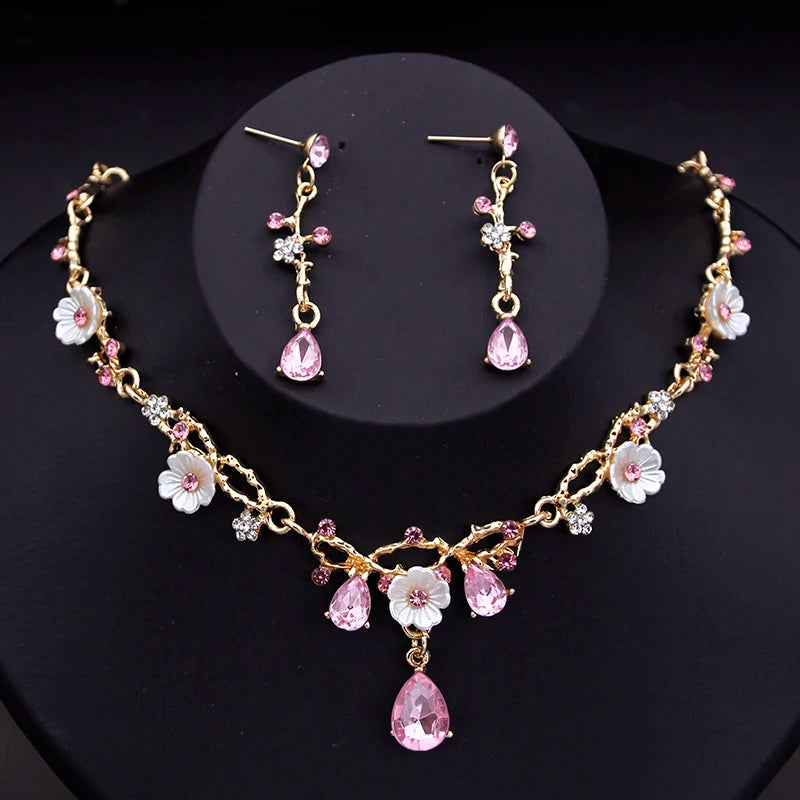 Pink Crown Bride Jewelry Sets Princess Wedding Tiaras Flower Choker Necklace Set Bridal Earring Costume Jewelry Sets Accessories