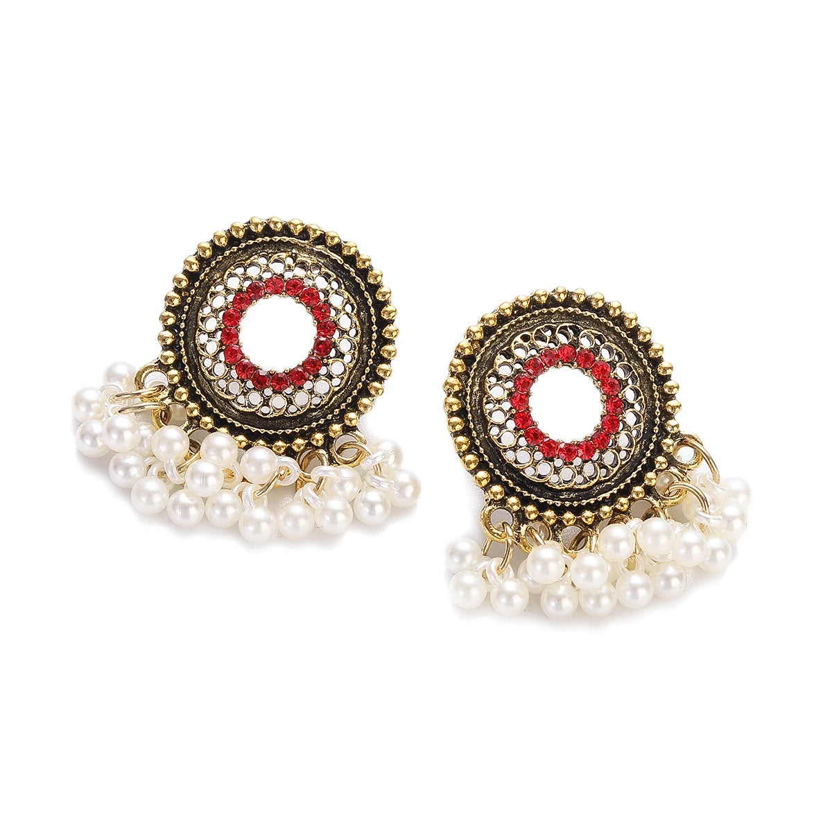 Red CZ Jhumka Earrings – Ethnic Beaded Tassel Jewelry for Women