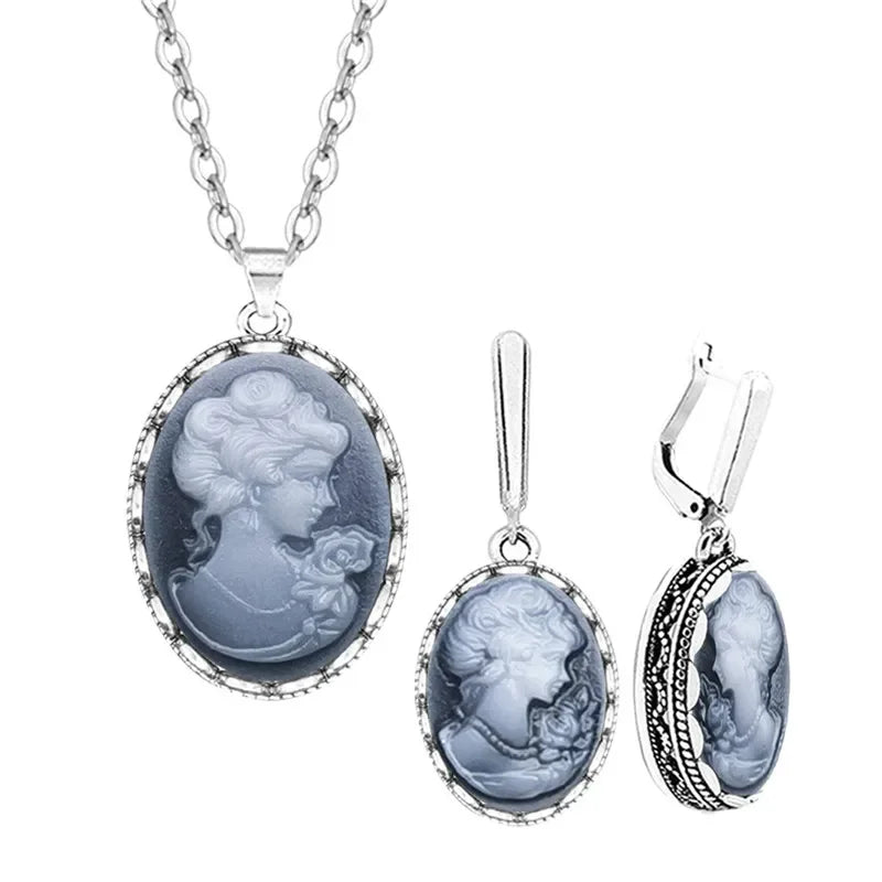 Lady Queen Cameo Jewelry Set | Vintage Necklace & Earrings for Women