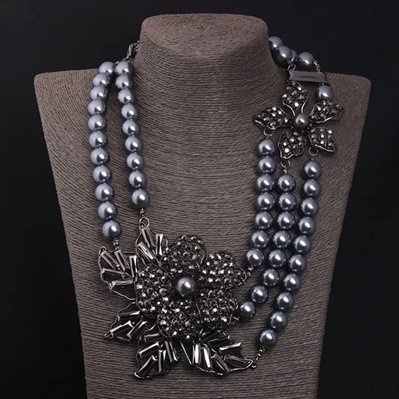 Multi-Strand Pearl Bead Necklace – Black Flower Statement Choker