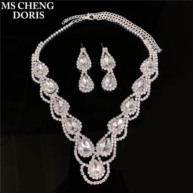 Blue Rhinestone Choker Jewelry Set – Luxury Bridal Necklace & Earrings