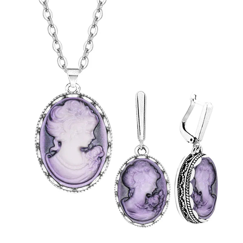 Lady Queen Cameo Jewelry Set | Vintage Necklace & Earrings for Women