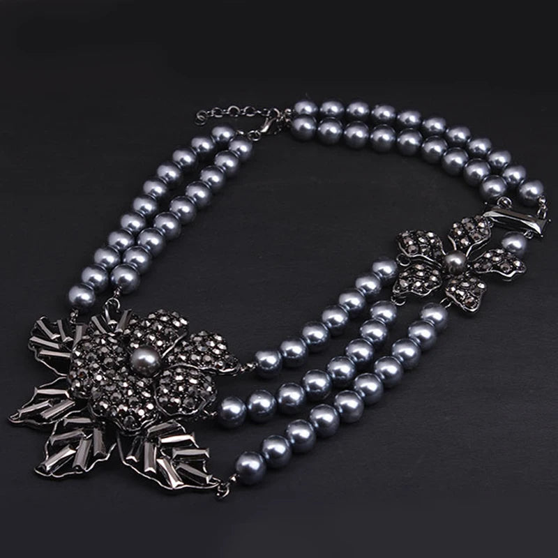 Multi-Strand Pearl Bead Necklace – Black Flower Statement Choker