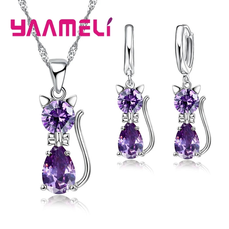 Women’s Crystal Cat Jewelry Set | Sterling Silver Necklace & Earrings