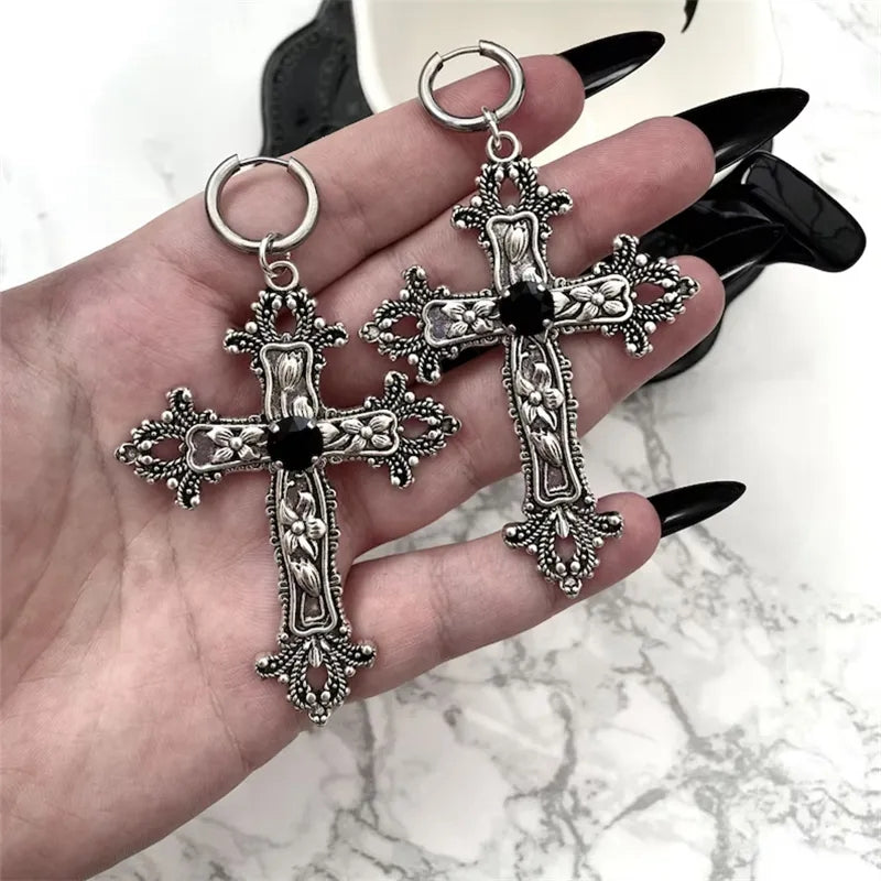 Gothic Silver Cross Earrings – Large Punk Statement Jewelry for Women
