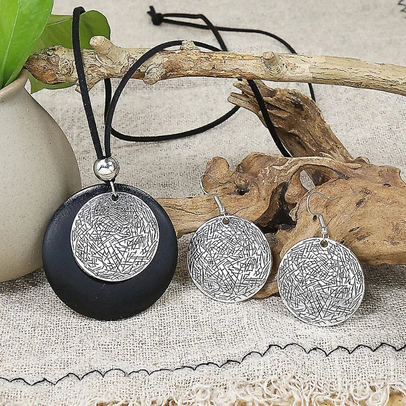 Vintage Bohemian Jewelry Set – Silver Alloy Necklace & Earrings