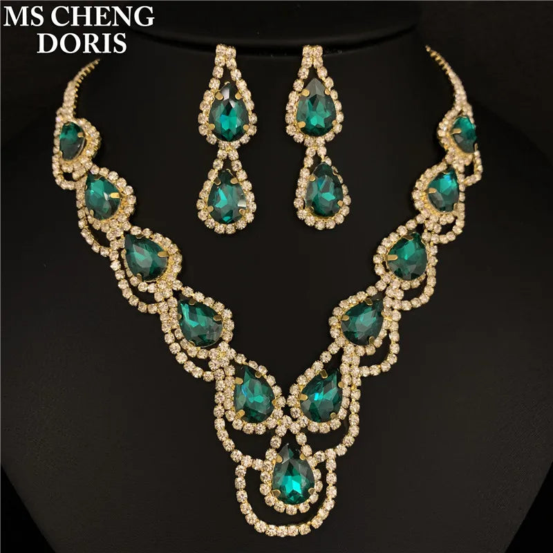Blue Rhinestone Choker Jewelry Set – Luxury Bridal Necklace & Earrings