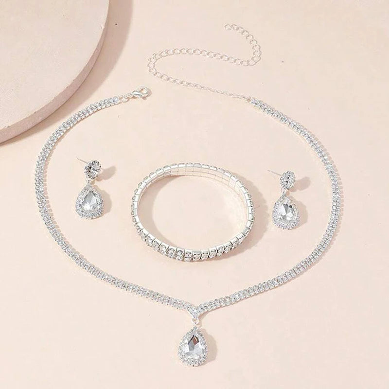 Exquisite 4-Piece Jewelry Set – Crystal Rhinestone Necklace, Earrings, Bracelet & Pendant