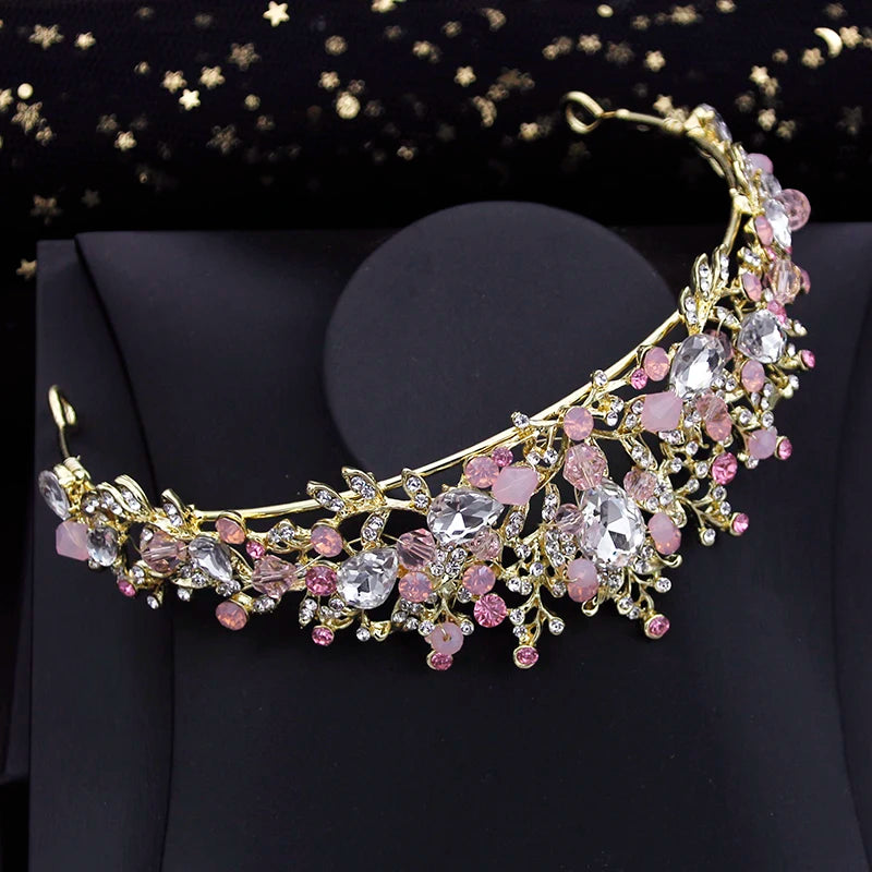 Pink Crown Bride Jewelry Sets Princess Wedding Tiaras Flower Choker Necklace Set Bridal Earring Costume Jewelry Sets Accessories